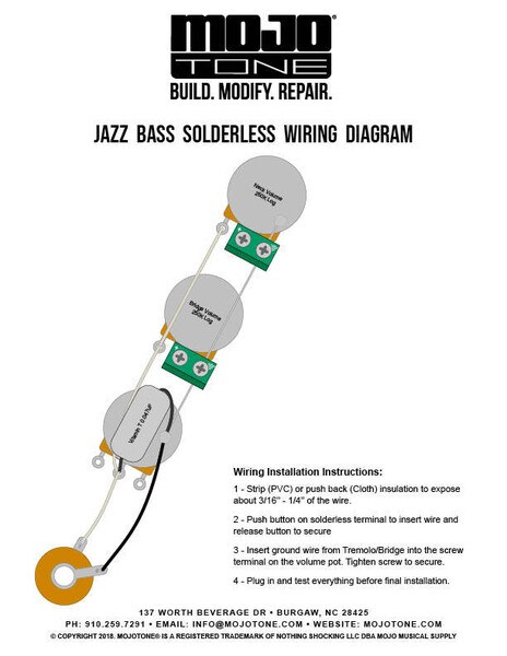 Solderless Jazz Bass Guitar Wiring Harness
